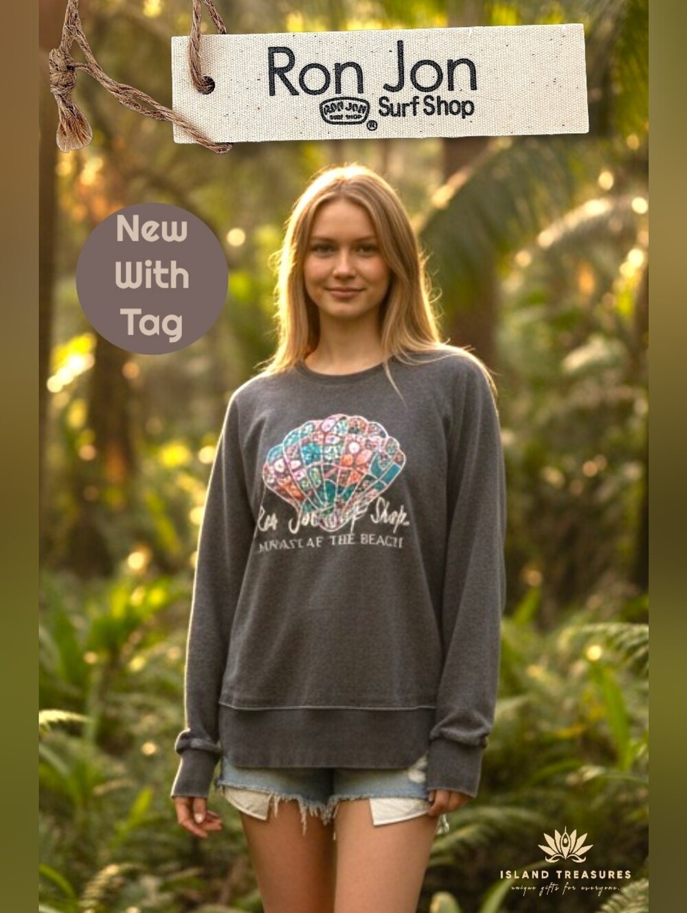 Ron Jon Surf Shop Sz L Mineral Wash Gray Sweatshirt Multicolor Seashell Graphic